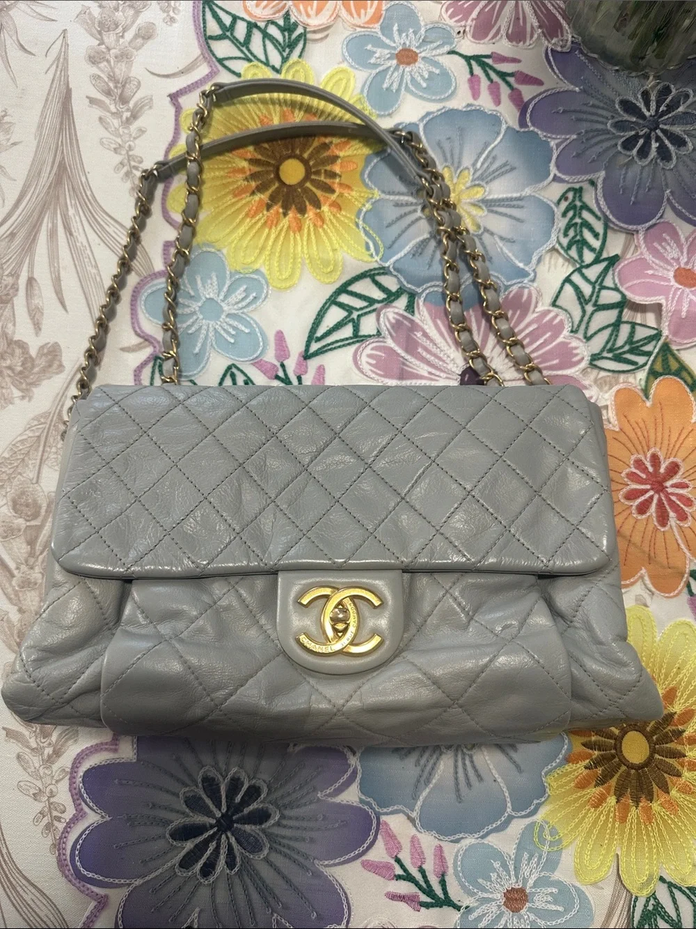 CHANEL CC Single Flap Chain Bag Leather Grey GHW w/COA